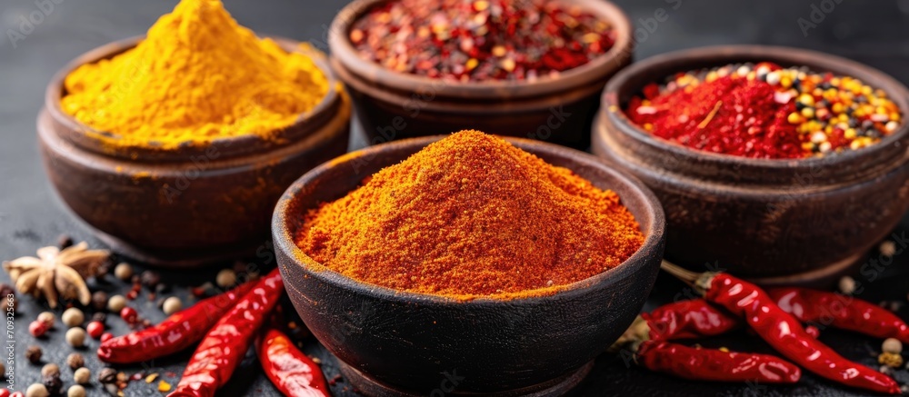Fototapeta premium Assorted vibrant Indian spices in bowls, including red chili and chili powder.