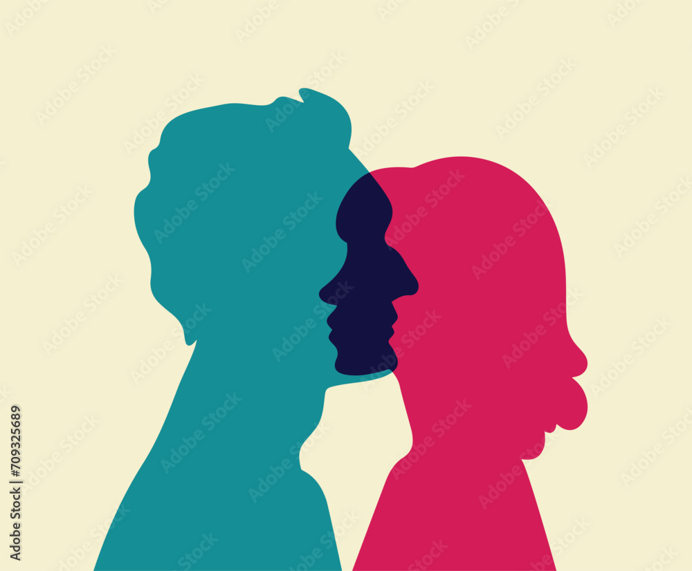 Silhouette portrait of man and woman in profile head. Love, romantic and relationship concept.