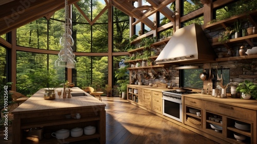 A modern treehouse kitchen with wooden beams, large windows, and a leafy green view photo