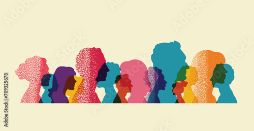 Different people stand side by side together. Group colored silhouette people from the side Men and women portraits. Community of colleagues or collaborators, inclusive education, diversity co-workers photo