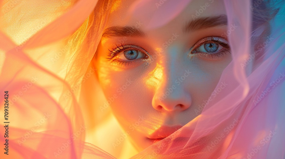 Dreamy close-up of a woman with flowing fabrics and soft pastels, set against a background filled with gentle and calming colors. [Flowing fabrics soft pastels fashion concept. clo Dreamy close-up of a woman with flowing fabrics and soft pastels, set against a background filled with gentle and calming colors. [Flowing fabrics soft pastels fashion concept. clo