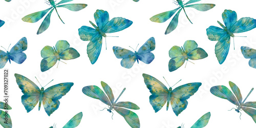 Watercolor butterflies in delicate shades of light yellow. Seamless abstract pattern of butterflies isolated on a white background.