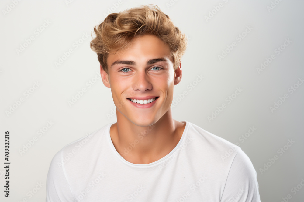 A photo portrait of a beautiful blond man over 18 years old, smiling with clean teeth, perfect teeth. To advertise dentistry. A photo portrait of a beautiful blond man over 18 years old, smiling with clean teeth, perfect teeth. To advertise dentistry.