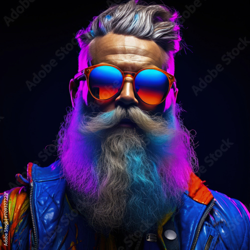 Fashion elderly man with a beard and blue sunglasses that reflect his personality