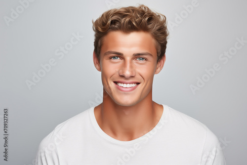 A photo portrait of a beautiful blond man over 18 years old