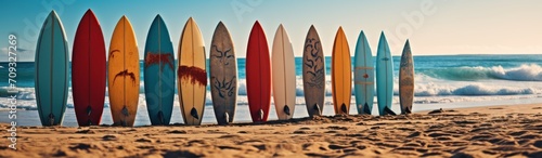 Surfboards on the beach at sunset. Colorful surfboards background. Surfboards with abstract pattern. Surfboards on the beach. Vacation Concept. Panoramic banner with copy space. © John Martin
