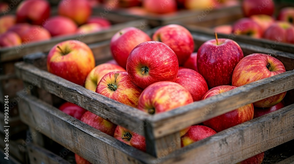 A close-up of freshly picked apples in wooden crates, ready for distribution and consumption in the food supply chain. [Apple harvesting and packing]