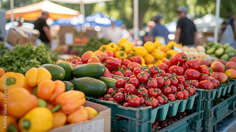 A bustling farmers' market with vendors showcasing a colorful array of locally produced fruits, vegetables, and artisanal products. [Farmers' market showcase]