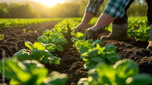 A farmer planting rows of vibrant green vegetables in a sunlit field, showcasing the beginning of the food production cycle. [Vegetable planting in the field]