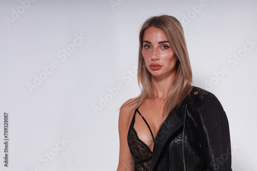 Close up portrait of beautiful blonde woman in lingerie