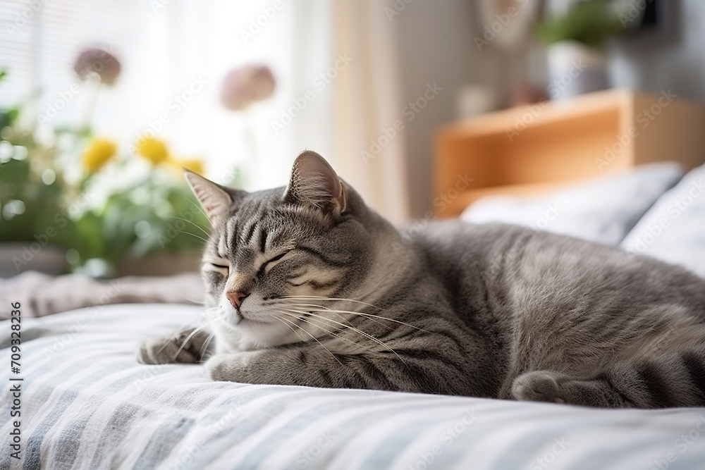 domestic cat pet sleeping on the gray bed in modern scandinavian interior of bedroom with many green house plants, cosy, home interior design.