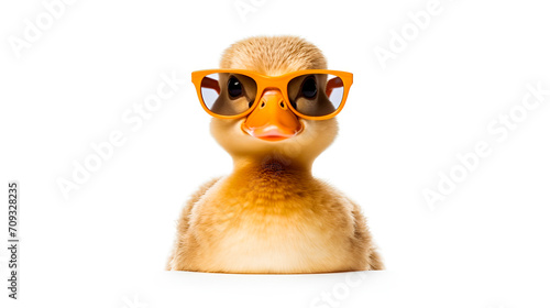 Funny duck in sunglasses in trendy style on colorful background. Portrait pet summer. Pet care, generated AI © KatrinaEra