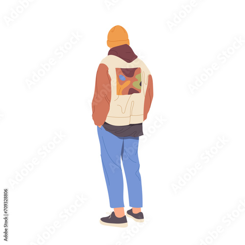 Young casual hipster guy cartoon character standing back view isolated on white background