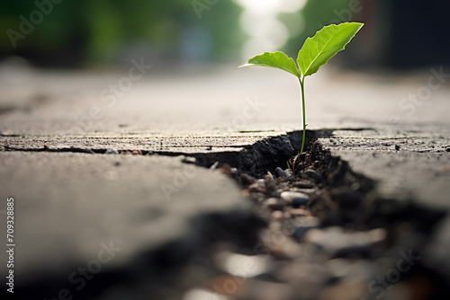 A green sprout breaking through the asphalt. The concept of nature's victory over technology