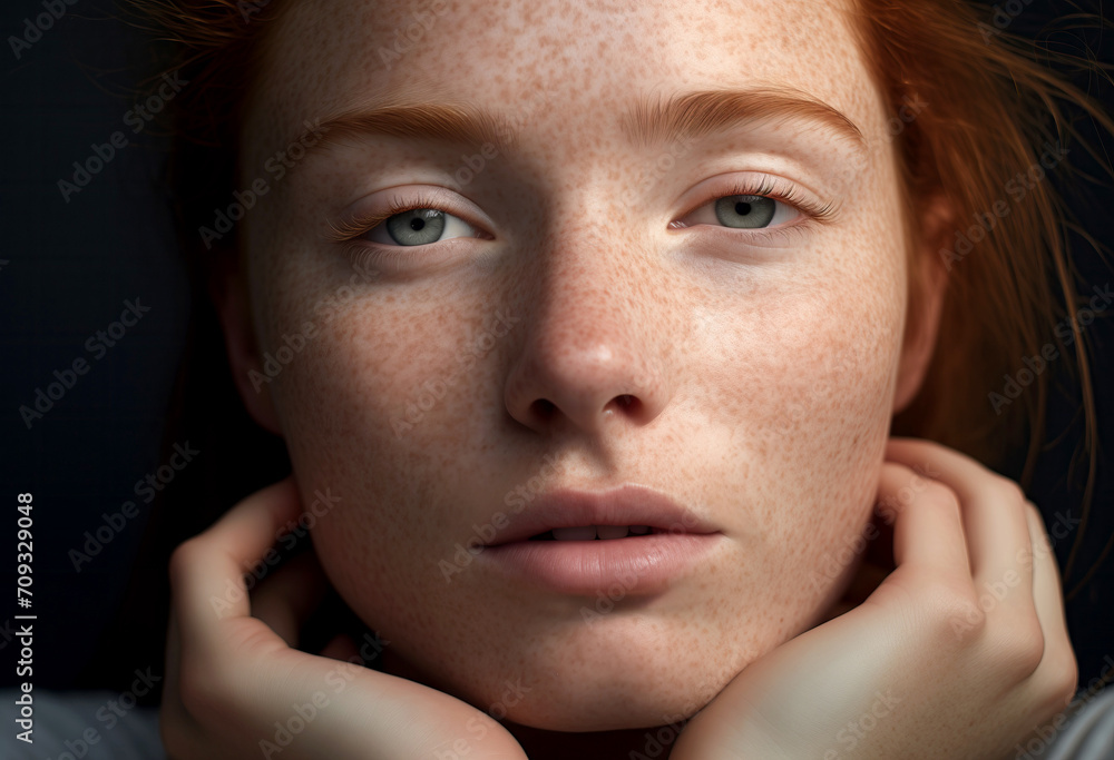 Intimate portrait of a young woman with red hair Generative AI image