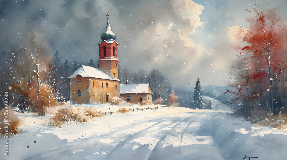 Winter landscape with church painting in a watercolor style. broad brushstrokes 