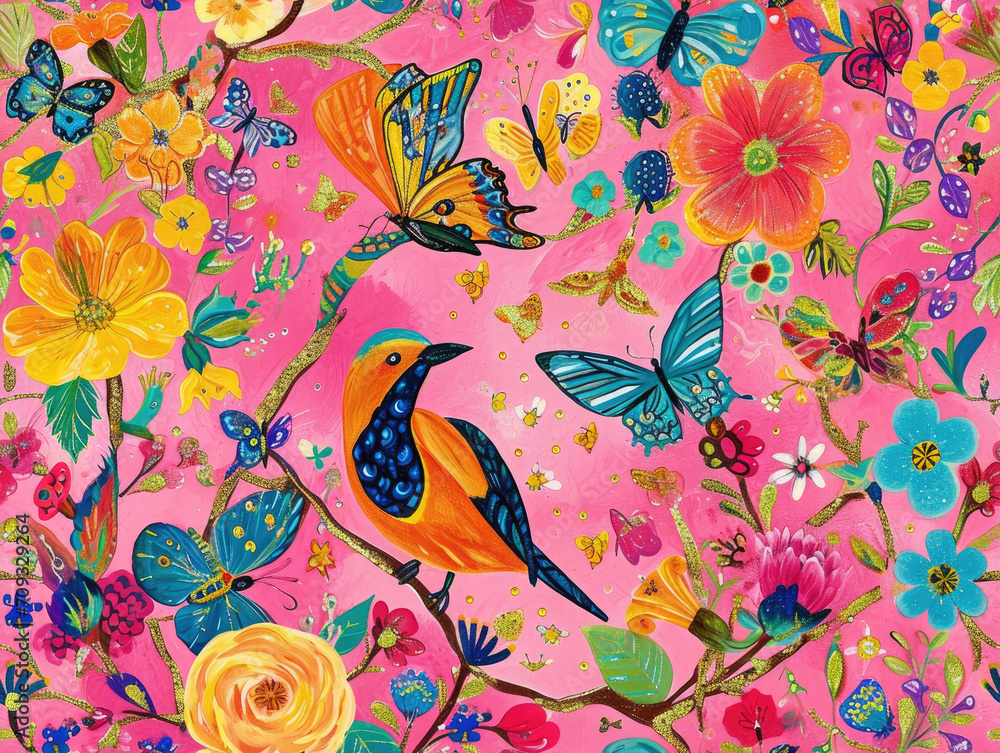 Obraz premium Beautiful Timeless Classic Victorian style Poetic and Hand Painted Retro Fine Art canvas for wallpaper and background with Colorful Peacocks, birds, Flowers and plants, Nature-inspired and floral