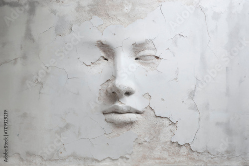 Surreal face embedded in cracked wall texture Generative AI image photo