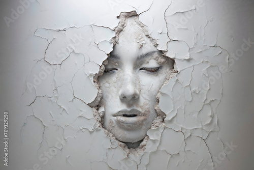 Human face emerging from cracked white surface Generative AI image
