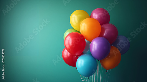 A bunch of multicolored balloons with helium on a green background. balloons for birthday, party, wedding or promotion banners or posters.