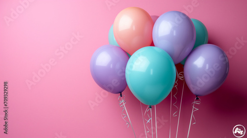 A bunch of multicolored balloons with helium on a pink background. balloons for birthday  party  wedding or promotion banners or posters.