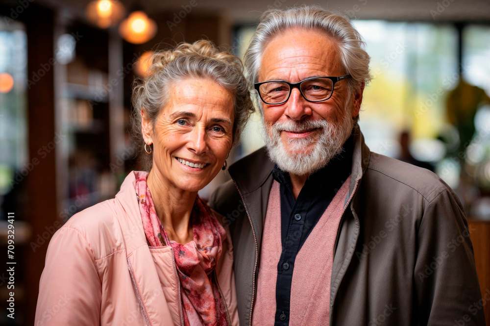 Mature couple smiling together in a cozy setting Generative AI image Mature couple smiling together in a cozy setting Generative AI image