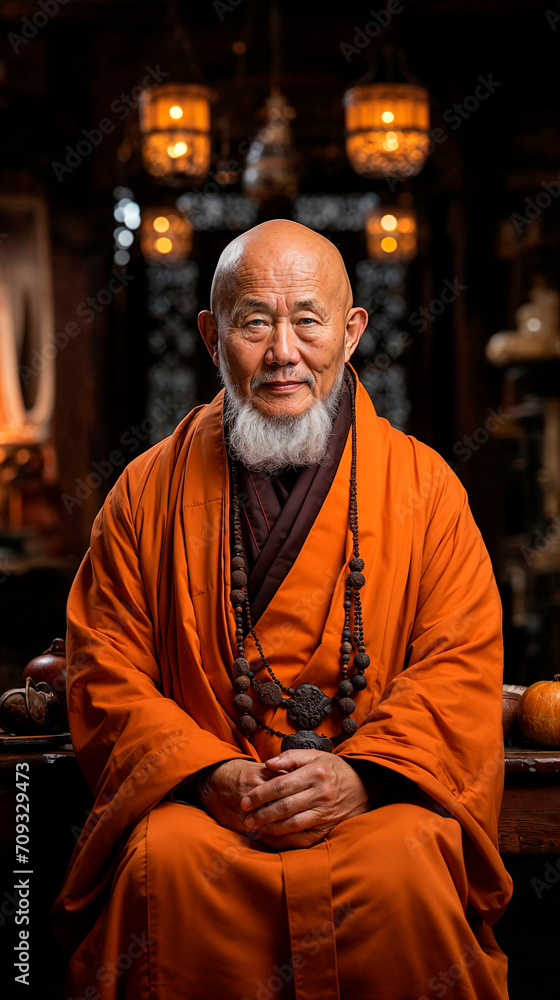 Serene Buddhist monk in traditional orange robes Generative AI image Serene Buddhist monk in traditional orange robes Generative AI image
