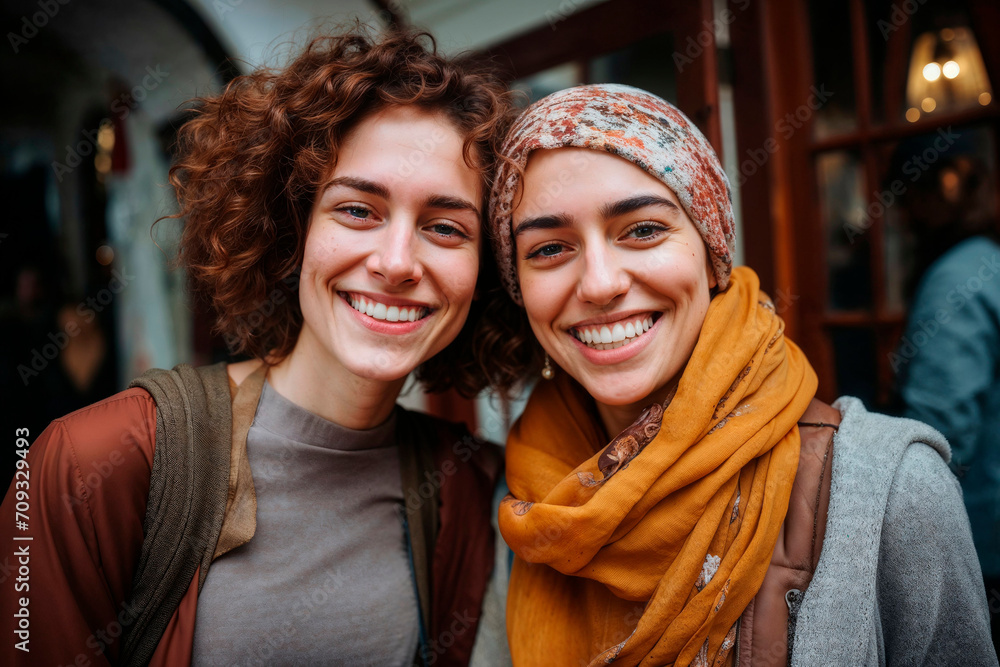 Two joyful women sharing a close moment outdoors Generative AI image Two joyful women sharing a close moment outdoors Generative AI image