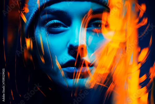 Woman's portrait with dramatic blue light and fire effect Generative AI image photo