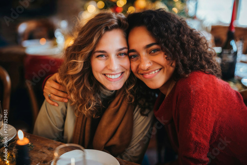 Two Women Sharing a Joyful Hug During a Cozy Dinner Generative AI image photo