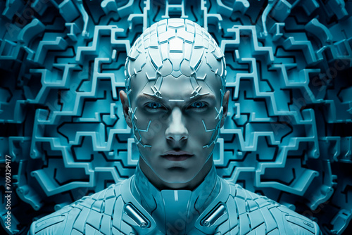 Futuristic cybernetic human against a complex circuit backdrop Generative AI image photo