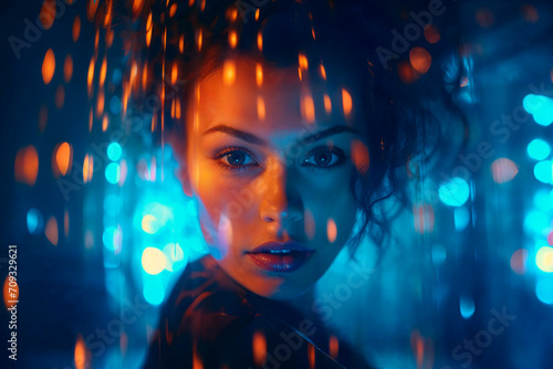 Mysterious woman with captivating eyes behind lights Generative AI image photo