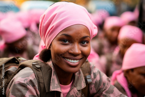 Smiling soldier in pink headscarf among her peers Generative AI image photo