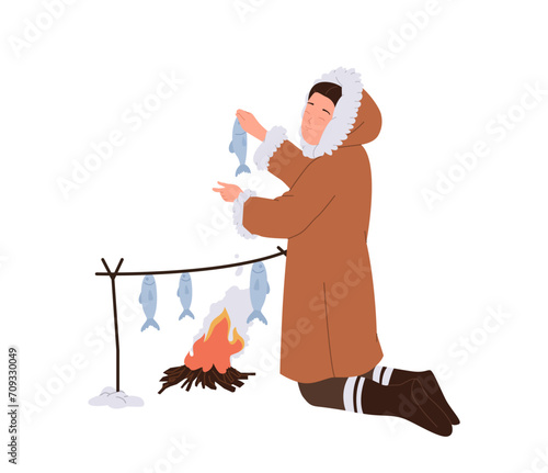 Eskimos woman cartoon character cooking fish on camping fire for dinner isolated on white background