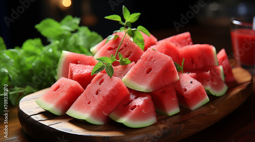 Fresh sliced watermelon on dark background. Delicious watermelon slices on a plate. 