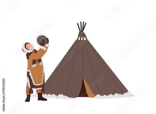Eskimos woman cartoon character playing ethnic tambourine, having fun and dancing nearby wigwam tent