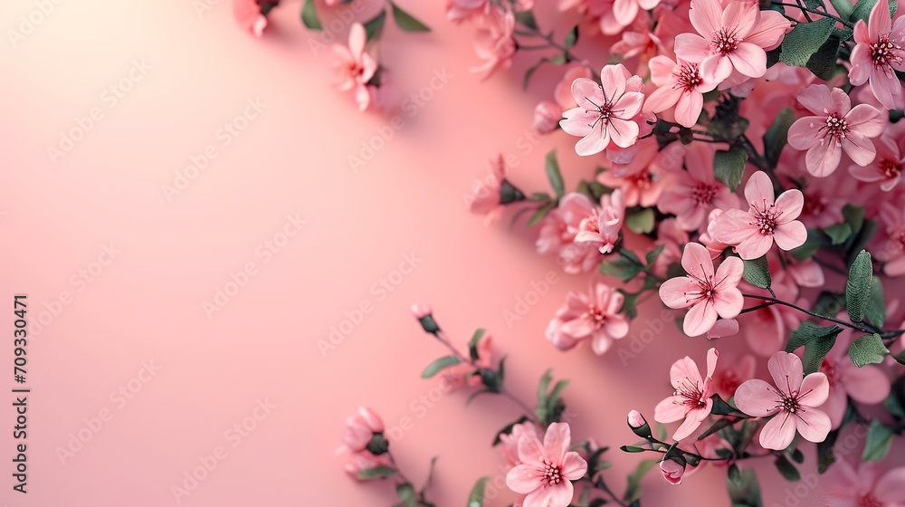 Beautiful pink cherry blossom flowers on pink background with copy space