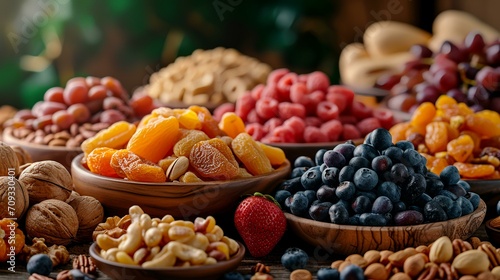 Mix of dried fruits and nuts on wooden background. Healthy eating concept.
