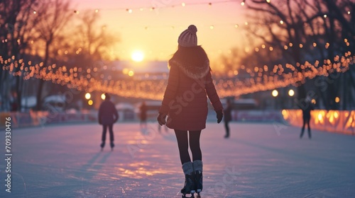 a beautiful woman ice skating on ice rink in winter at sunset outside.