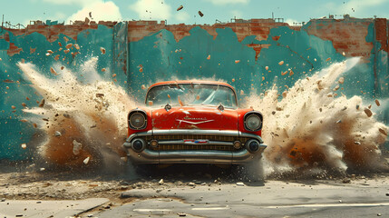 3d wallpaper design with a classic car  driving through a broken wall