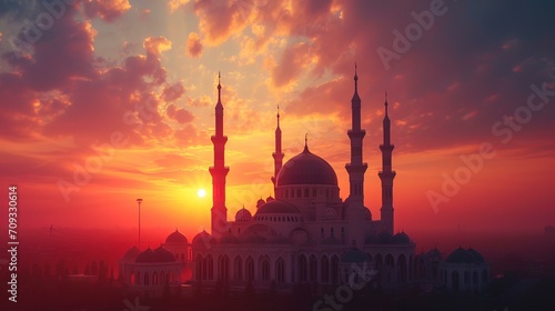 Beautiful sunset over the mosque, 3d rendering. Computer digital drawing.