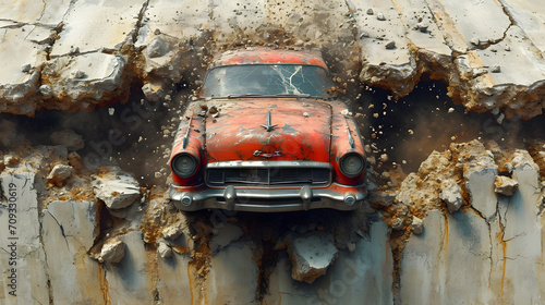 3d wallpaper design with a classic car  driving through a broken wall © Clipart Collectors