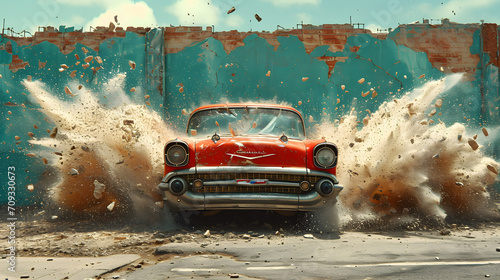 3d wallpaper design with a classic car driving through a broken wall