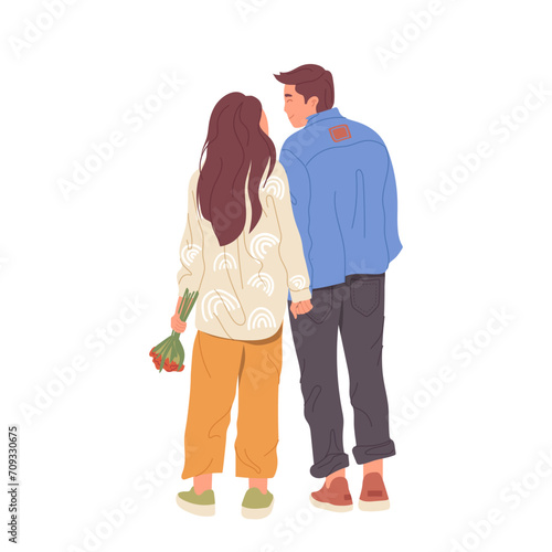 Young man and woman cartoon characters in love enjoying time together celebrating anniversary