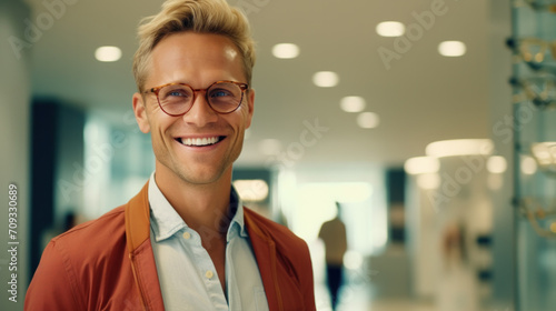 Man is choosing glasses in optics store.