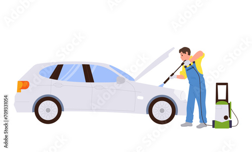 Male worker cartoon character washing car providing professional service cleaning auto engine