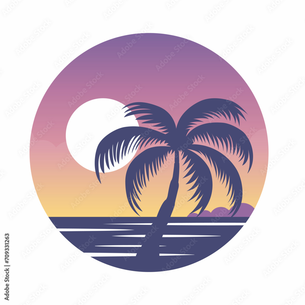 Retro Sunset Illustration with Abstract Background and Palm Tree Silhouette in a Circle. Sunny gradient. Design Template for Logo, Badges, T-Shirt Print
