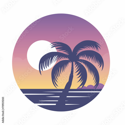 Fototapeta Naklejka Na Ścianę i Meble -  Retro Sunset Illustration with Abstract Background and Palm Tree Silhouette in a Circle. Sunny gradient. Design Template for Logo, Badges, T-Shirt Print