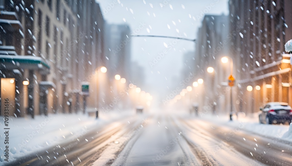 A city street in the heavy snow. - obrazy, fototapety, plakaty 