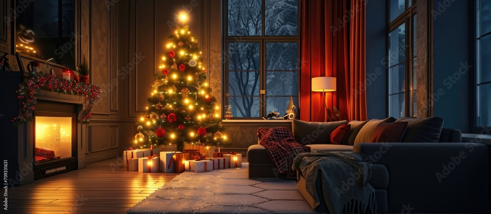 Beautifully decorated living room with luminous Christmas tree and couch